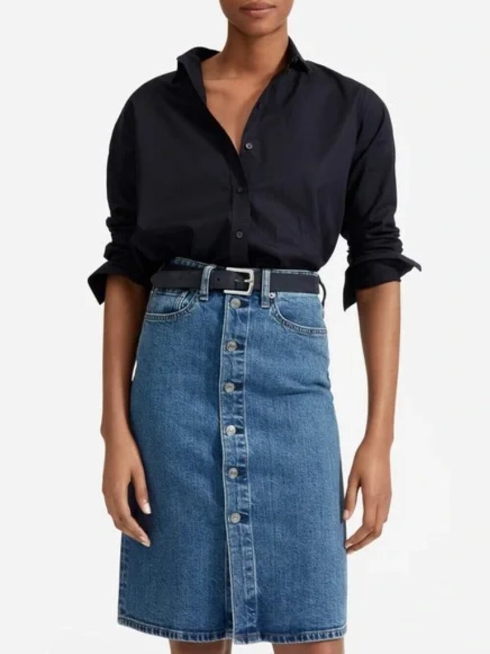 Button front midi denim skirt